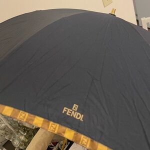 Fendi Black Umbrella with Gold Logo and Olive-Trim Strap